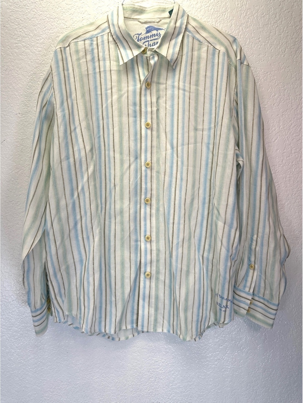 Men’s Sz XL Tommy Bahama Linen Blue Grey Stripe Long Sleeve Shirt Resort Cruise